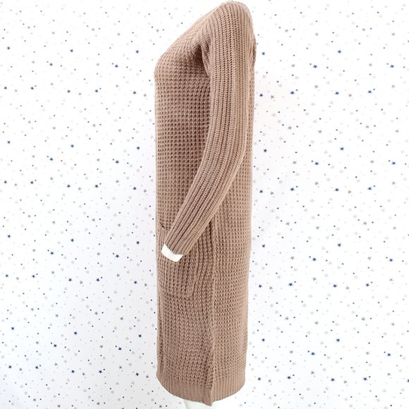 Waffle Knit Duster Long Sweater Cardigan Tan/Khaki - Picture 4 of 7